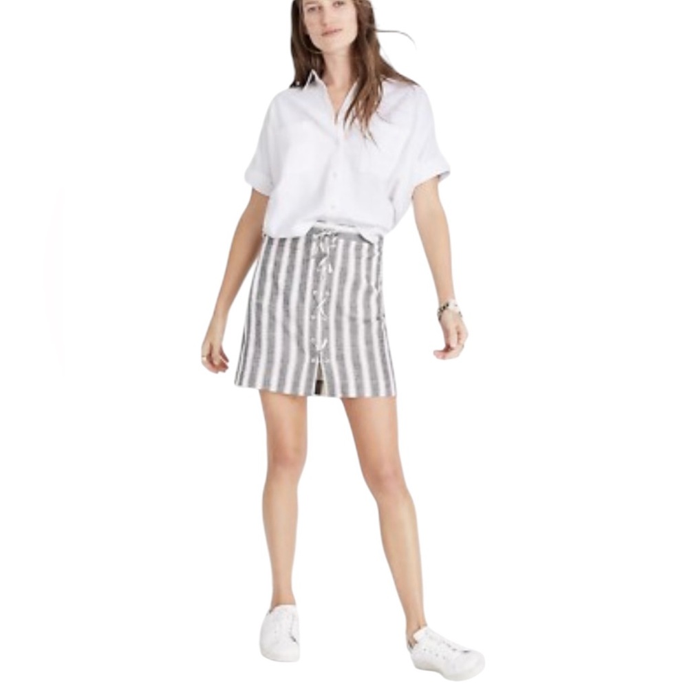 Madewell | Blue/white lace up lightweight linen blend mini skirt